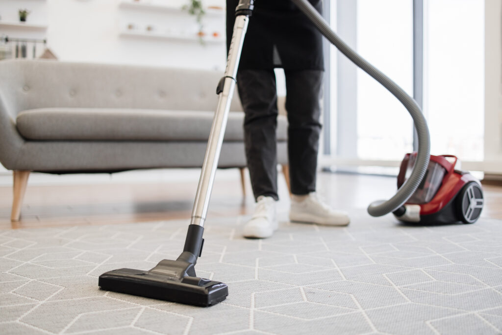 Cropped view of hands holding vacuum cleaner of female cleaning service worker.